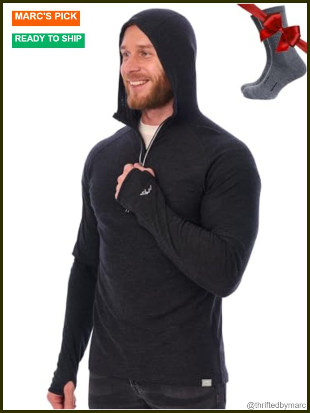 100% Merino Wool Quarter Zip Hoodie - Slim Fit Athletic Thermal Base Layer